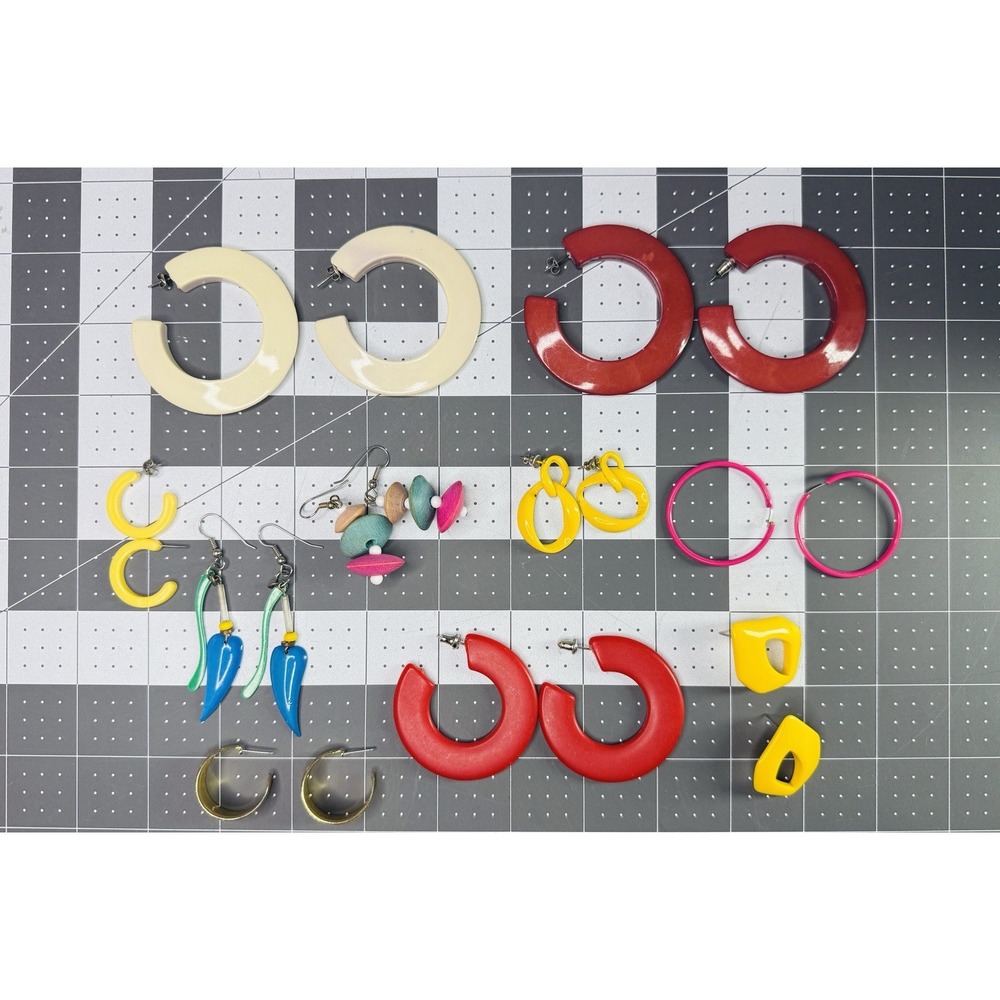 Vintage Colorful  80s Earrings Lot of  10 Retro Acrylic Wood Metal Punk